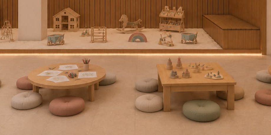Wooden toys and soft cushions in the children's salt room