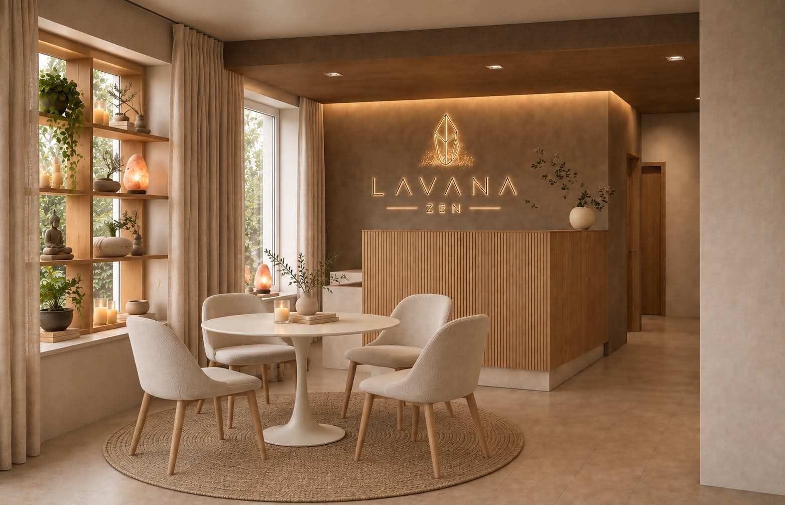 A Lavana Zen sóbarlang recepciója – fa, sólámpák és világító logó