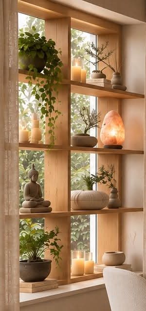 Salt lamps and candles on the shelves at Lavana Zen